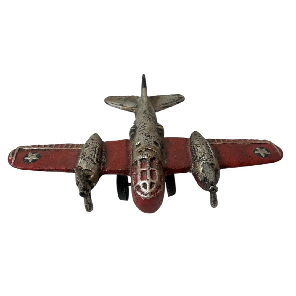 Vintage Cast Iron WWII Toy Airplane Bomber B22 Red Silver Twin Propellers Driven